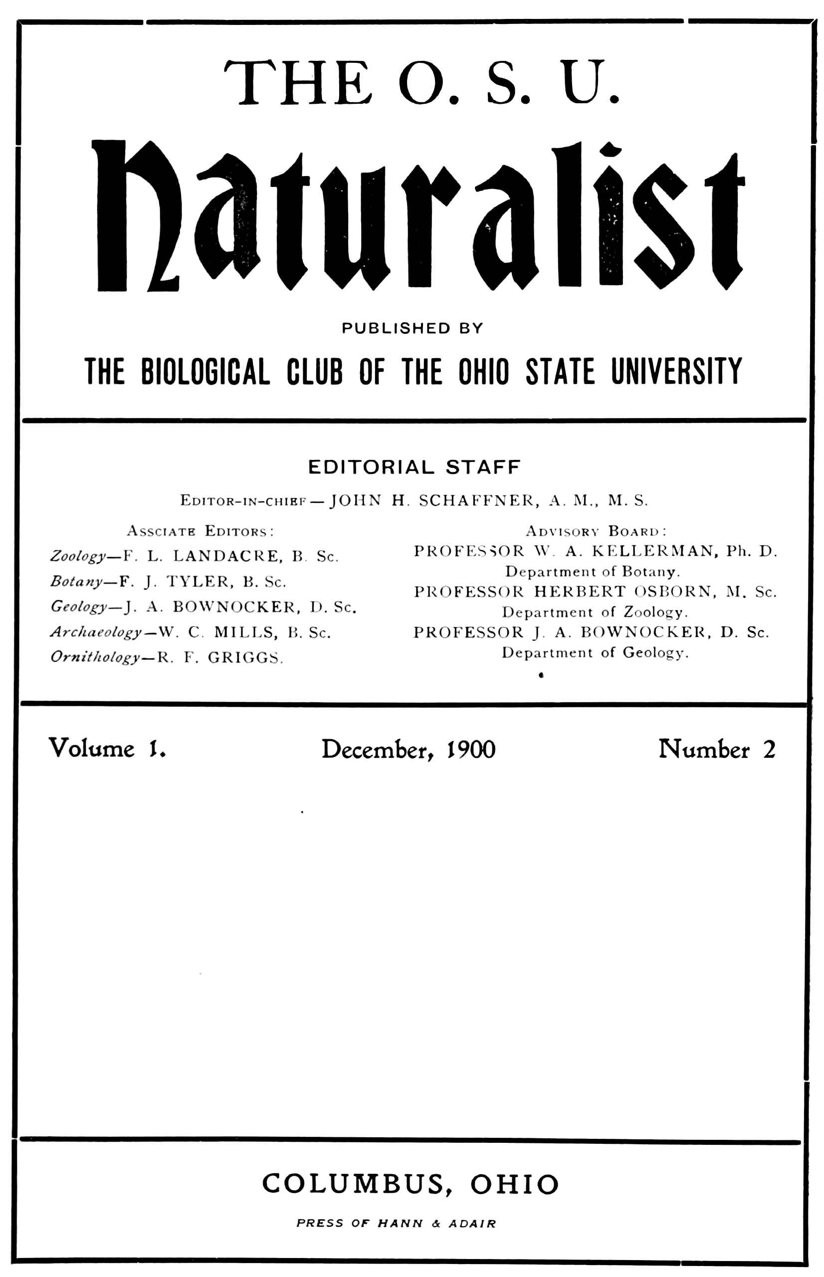 The O. S. U. Naturalist, Vol. 1, No. 2, December, 1900 The O. S. U. Naturalist, Vol. 1, No. 2, December, 1900