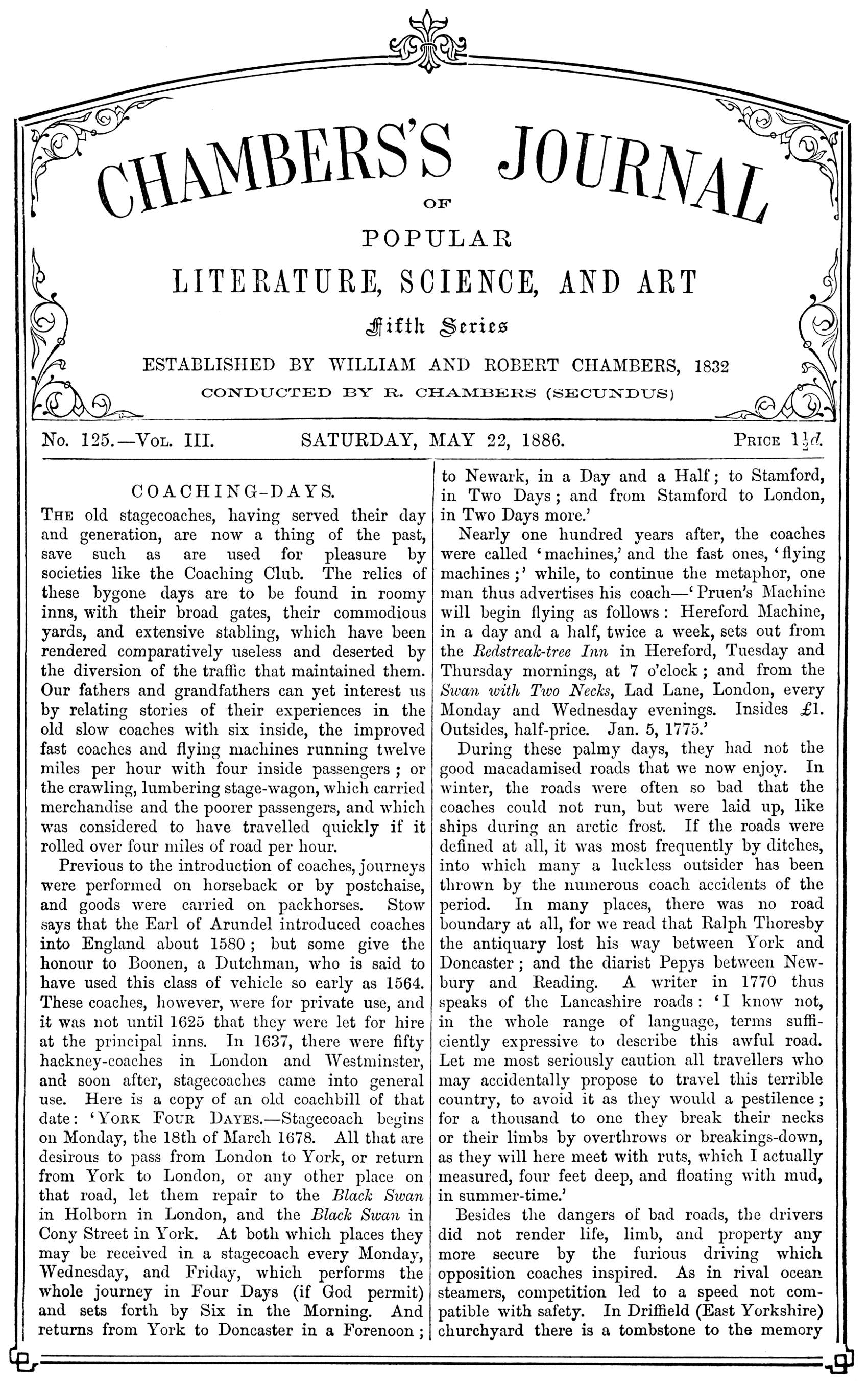 Chambers's journal of popular literature, science, and art, fifth series, no. 125, vol. III, May 22, 1886 Chambers's journal of popular literature, science, and art, fifth series, no. 125, vol. III, May 22, 1886