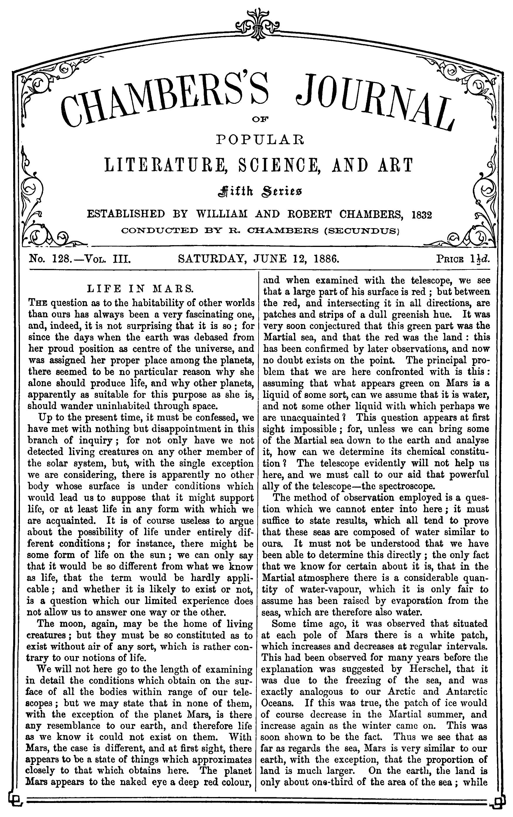 Chambers's Journal of Popular Literature, Science, and Art, fifth series, no. 128, vol. III, June 12, 1886 Chambers's Journal of Popular Literature, Science, and Art, fifth series, no. 128, vol. III, June 12, 1886