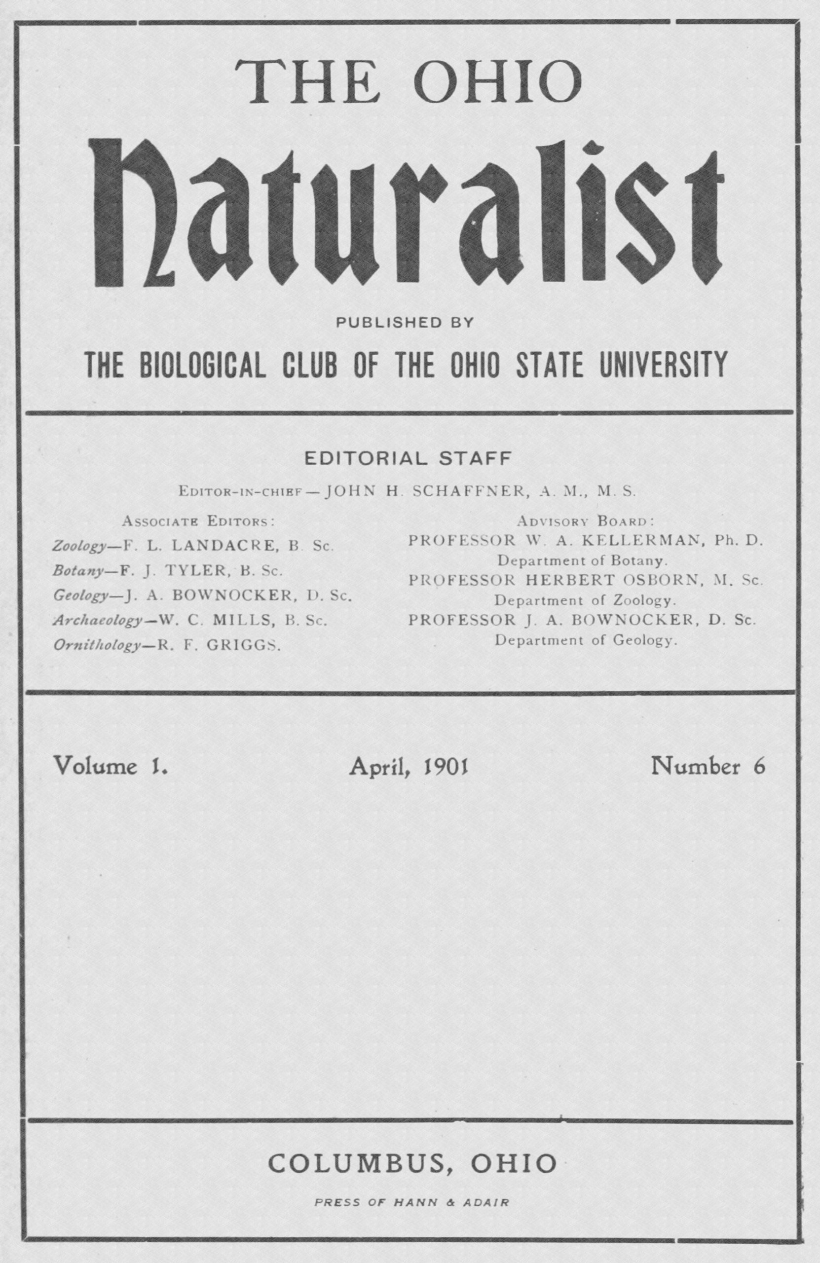 The Ohio naturalist, Vol. I, No. 6, April, 1901 The Ohio naturalist, Vol. I, No. 6, April, 1901